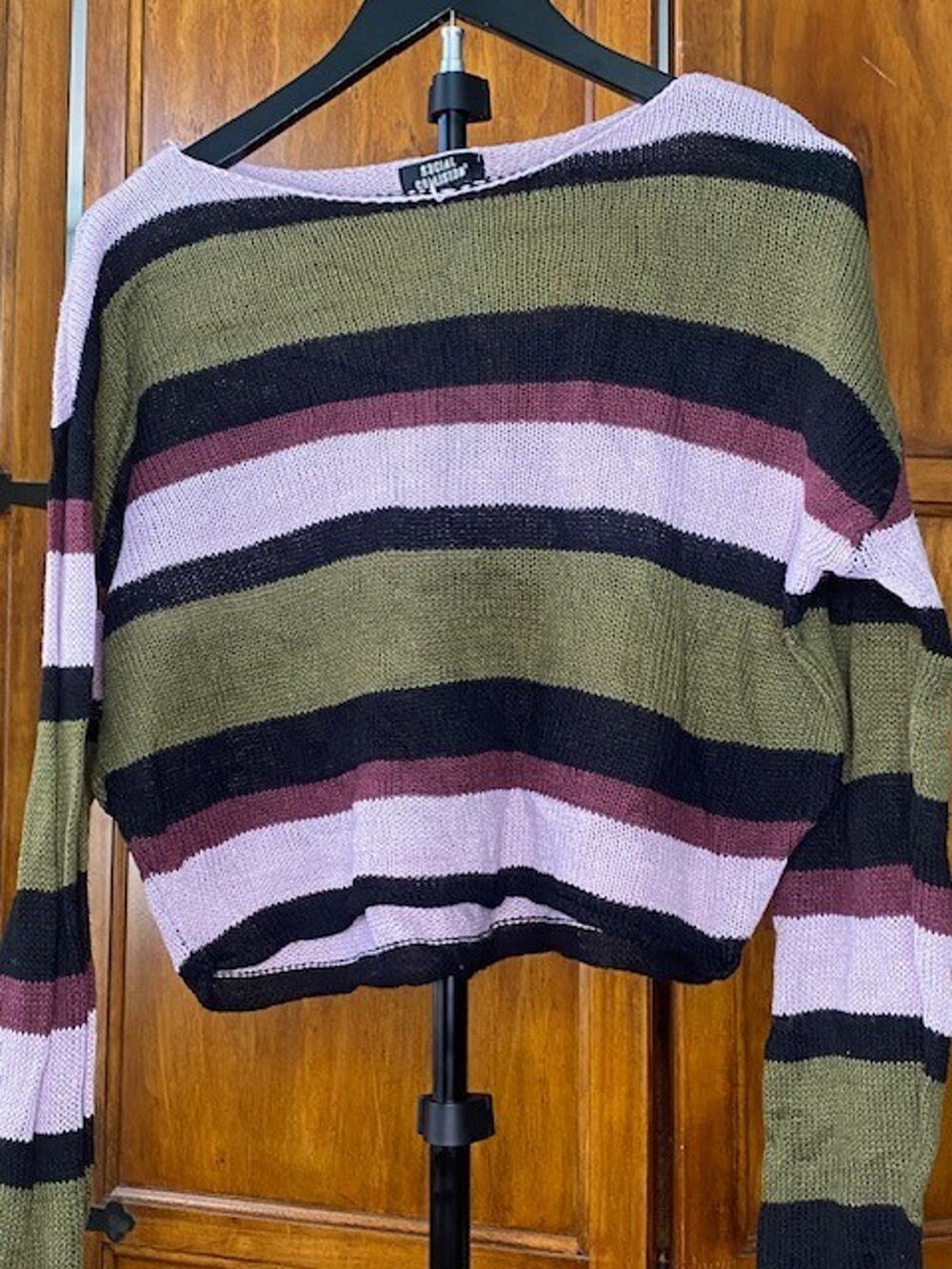 Social Collision Striped Knit Sweater Women's Medium Olive Pink Black Boat Neck